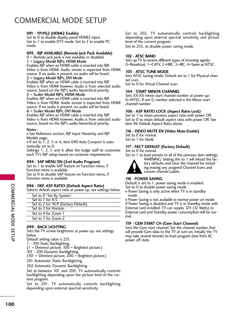 Commercial mode setup | LG 37LG700H User Manual | Page 102 / 136