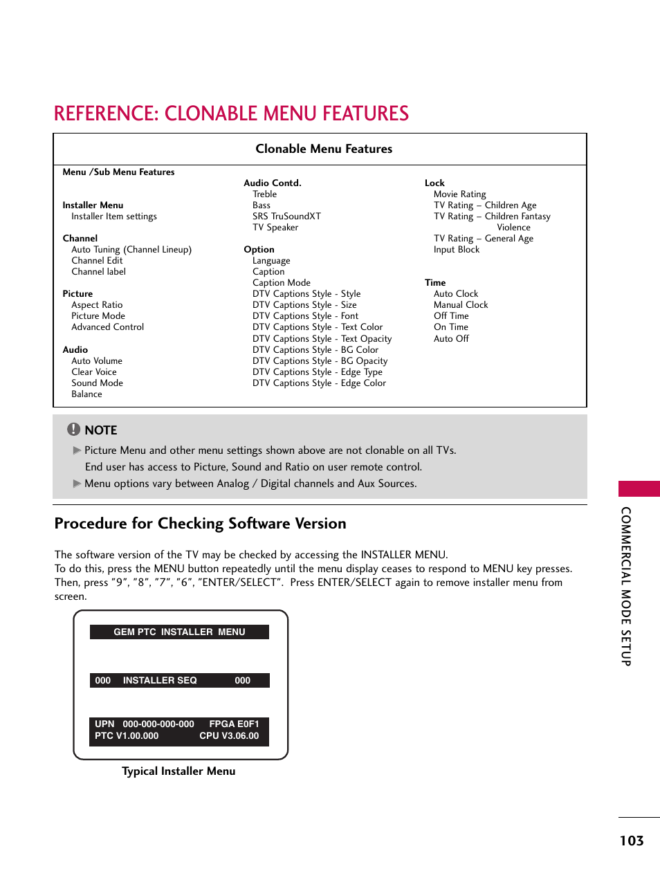 Reference: clonable menu features, Procedure for checking software version, Commer cial mode setup | Clonable menu features | LG 37LG700H User Manual | Page 105 / 136