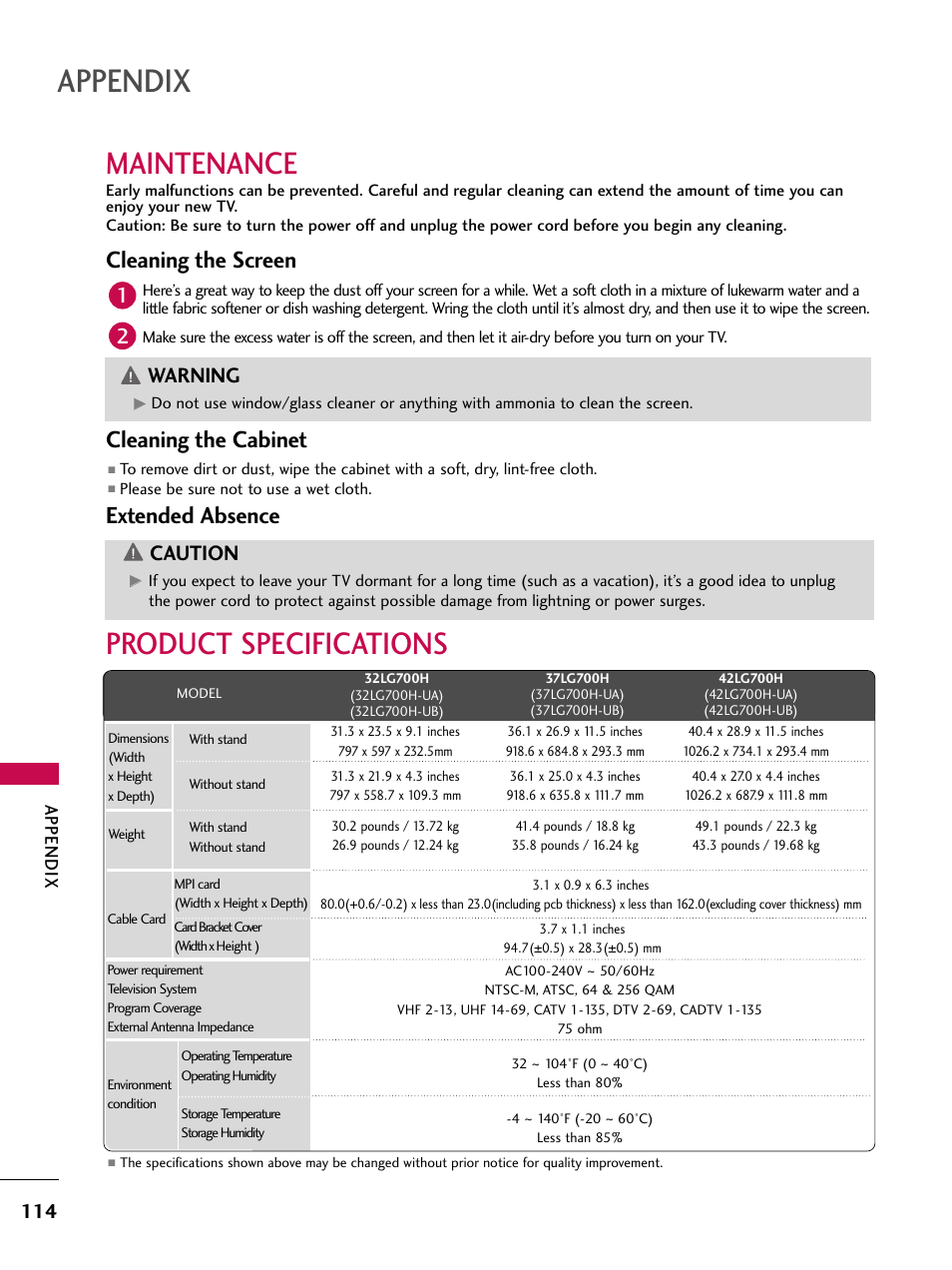 Maintenance, Product specifications, Cleaning the screen | Cleaning the cabinet, Extended absence, Caution, Warning, Appendix | LG 37LG700H User Manual | Page 116 / 136