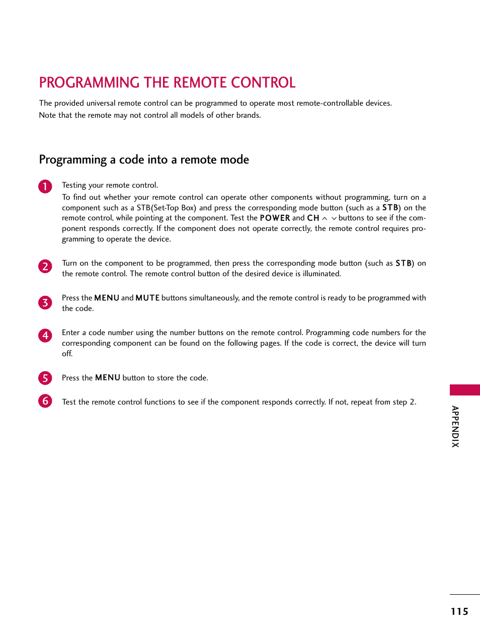 Programming the remote control, Programming a code into a remote mode | LG 37LG700H User Manual | Page 117 / 136