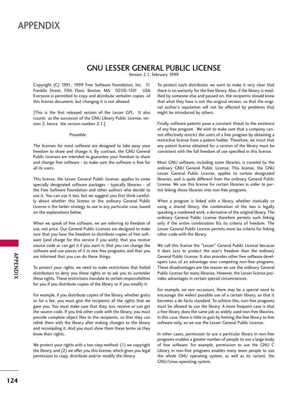 Appendix, Gnu lesser general public license | LG 37LG700H User Manual | Page 126 / 136