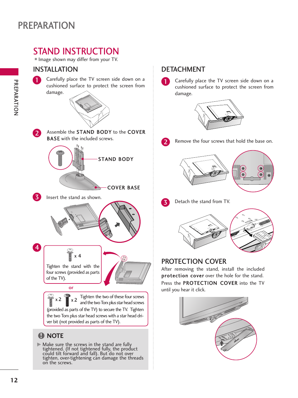 Stand instruction, Preparation, Detachment | Installation, Protection cover | LG 37LG700H User Manual | Page 14 / 136