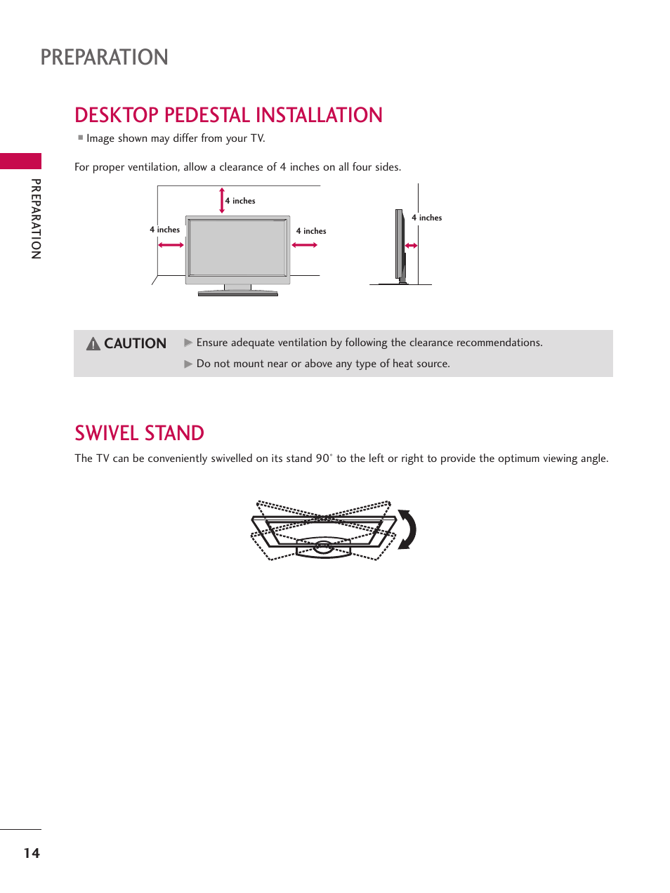 Desktop pedestal installation, Swivel stand, Preparation | Caution | LG 37LG700H User Manual | Page 16 / 136