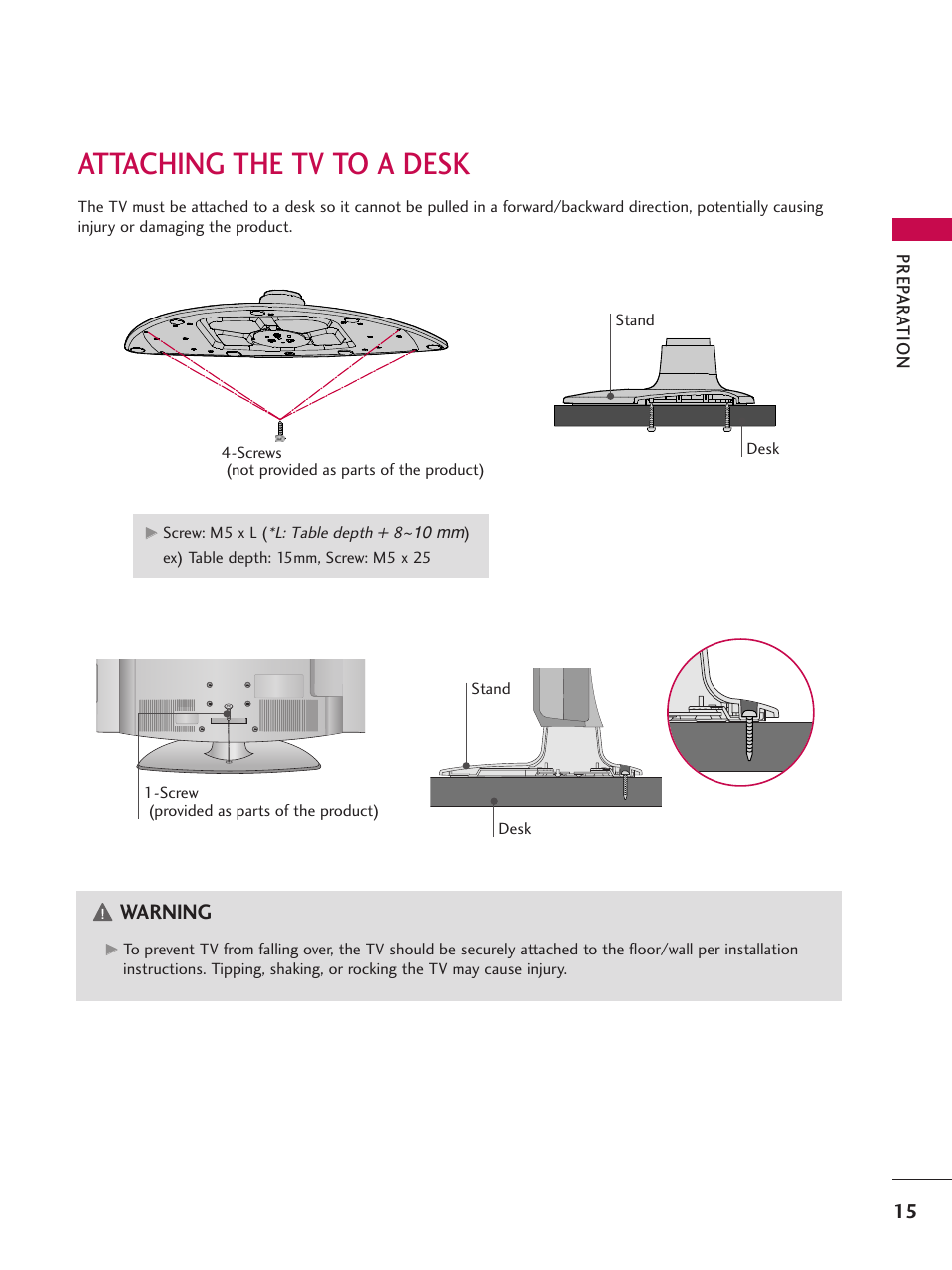 Attaching the tv to a desk, Warning | LG 37LG700H User Manual | Page 17 / 136