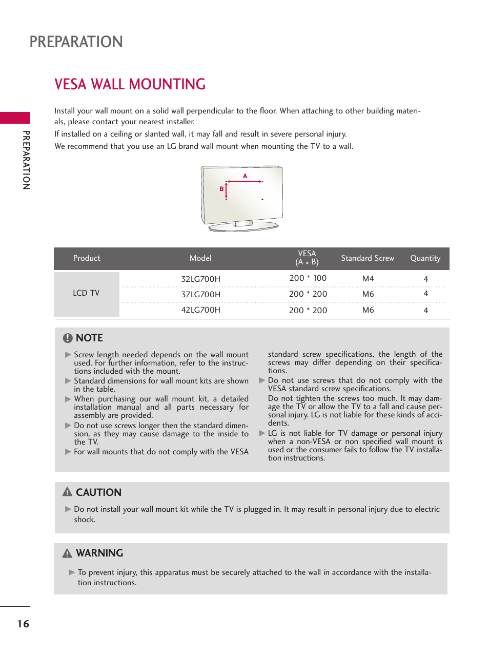 Vesa wall mounting, Preparation, Caution | Warning | LG 37LG700H User Manual | Page 18 / 136