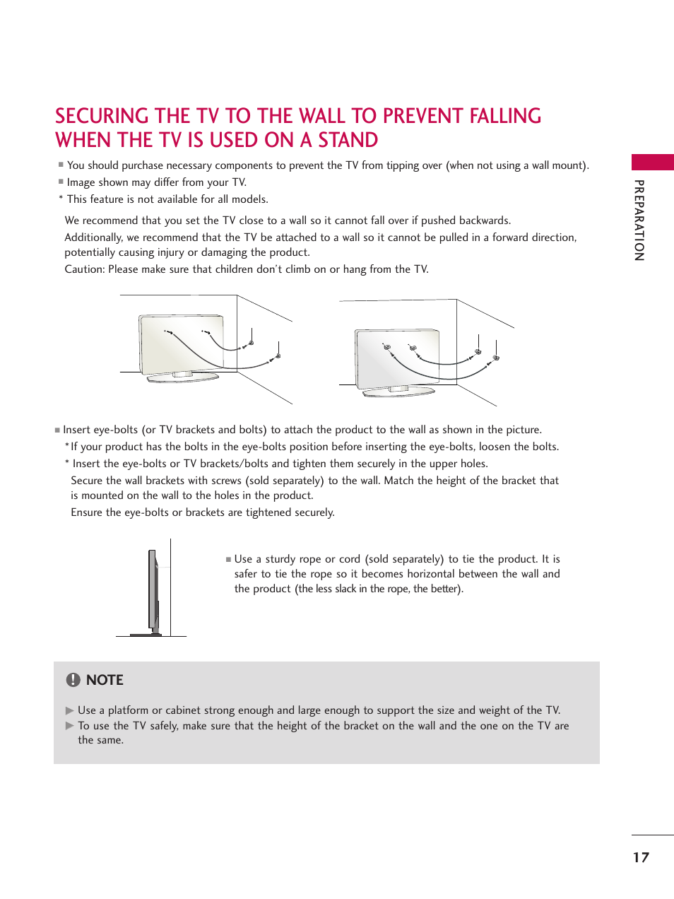 Securing the tv to the wall to prevent falling | LG 37LG700H User Manual | Page 19 / 136