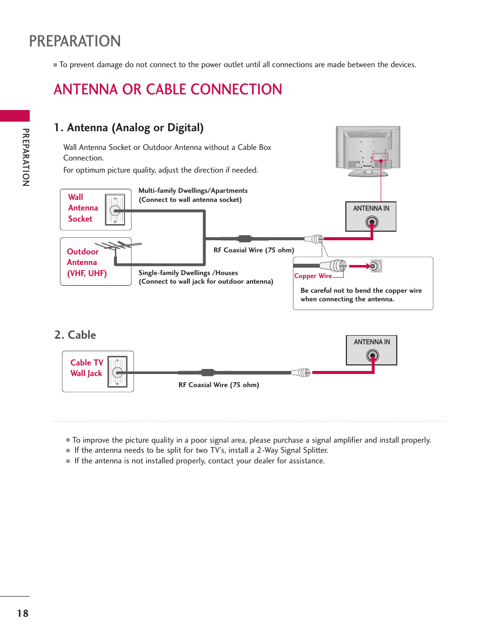 Antenna or cable connection, Preparation, Antenna (analog or digital) | Cable, Prep ar a t ion | LG 37LG700H User Manual | Page 20 / 136