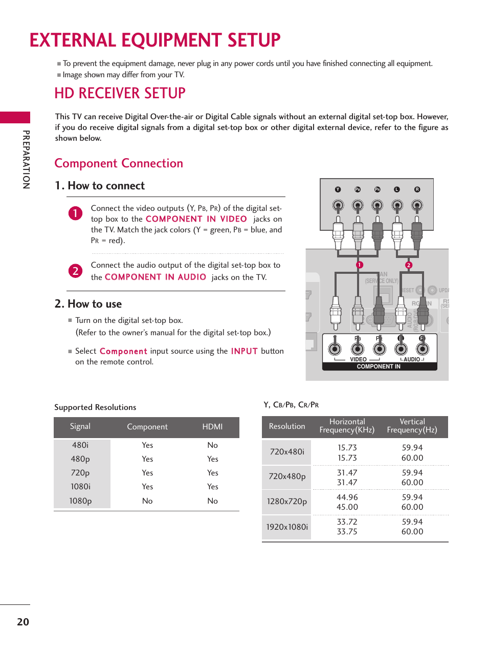 External equipment setup, Hd receiver setup, Component connection | How to connect, How to use, Prep ar a t ion | LG 37LG700H User Manual | Page 22 / 136