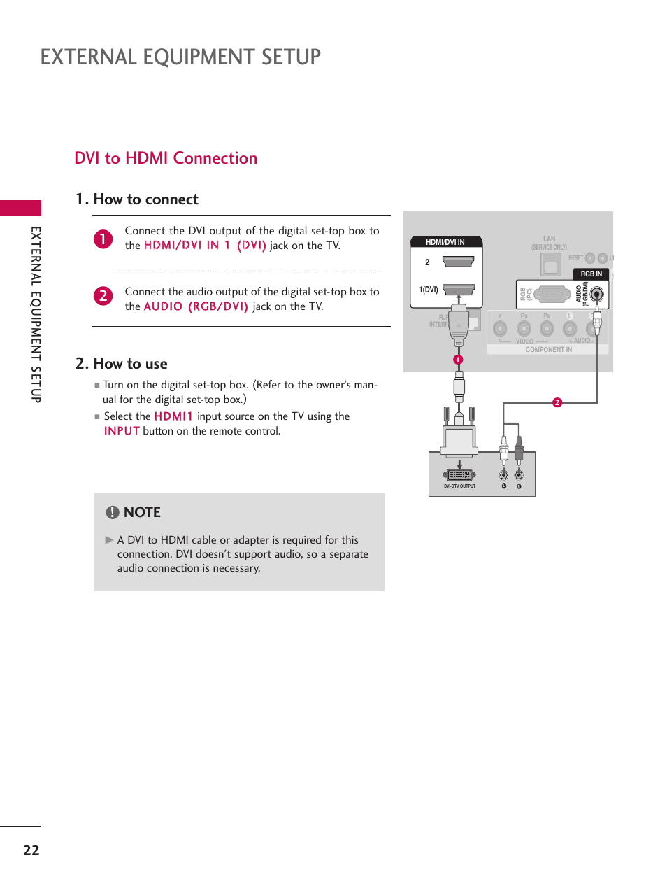 Dvi to hdmi connection, External equipment setup, How to connect 2. how to use | External eq uipment setup | LG 37LG700H User Manual | Page 24 / 136