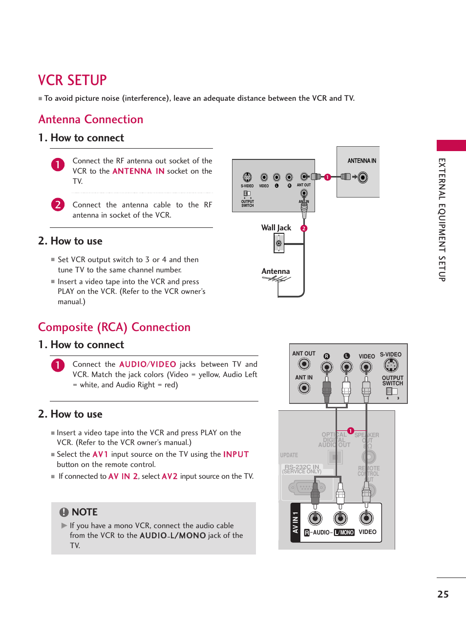 Vcr setup, Antenna connection, Composite (rca) connection | How to connect 2. how to use, External eq uipment setup | LG 37LG700H User Manual | Page 27 / 136