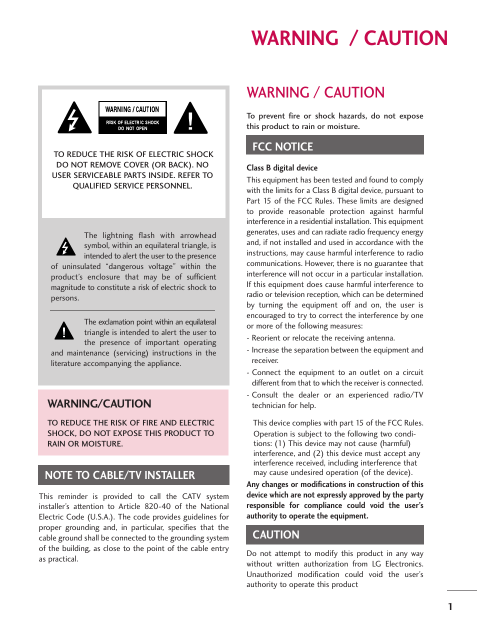 Warning / caution, Fcc notice, Caution | Warning/caution | LG 37LG700H User Manual | Page 3 / 136