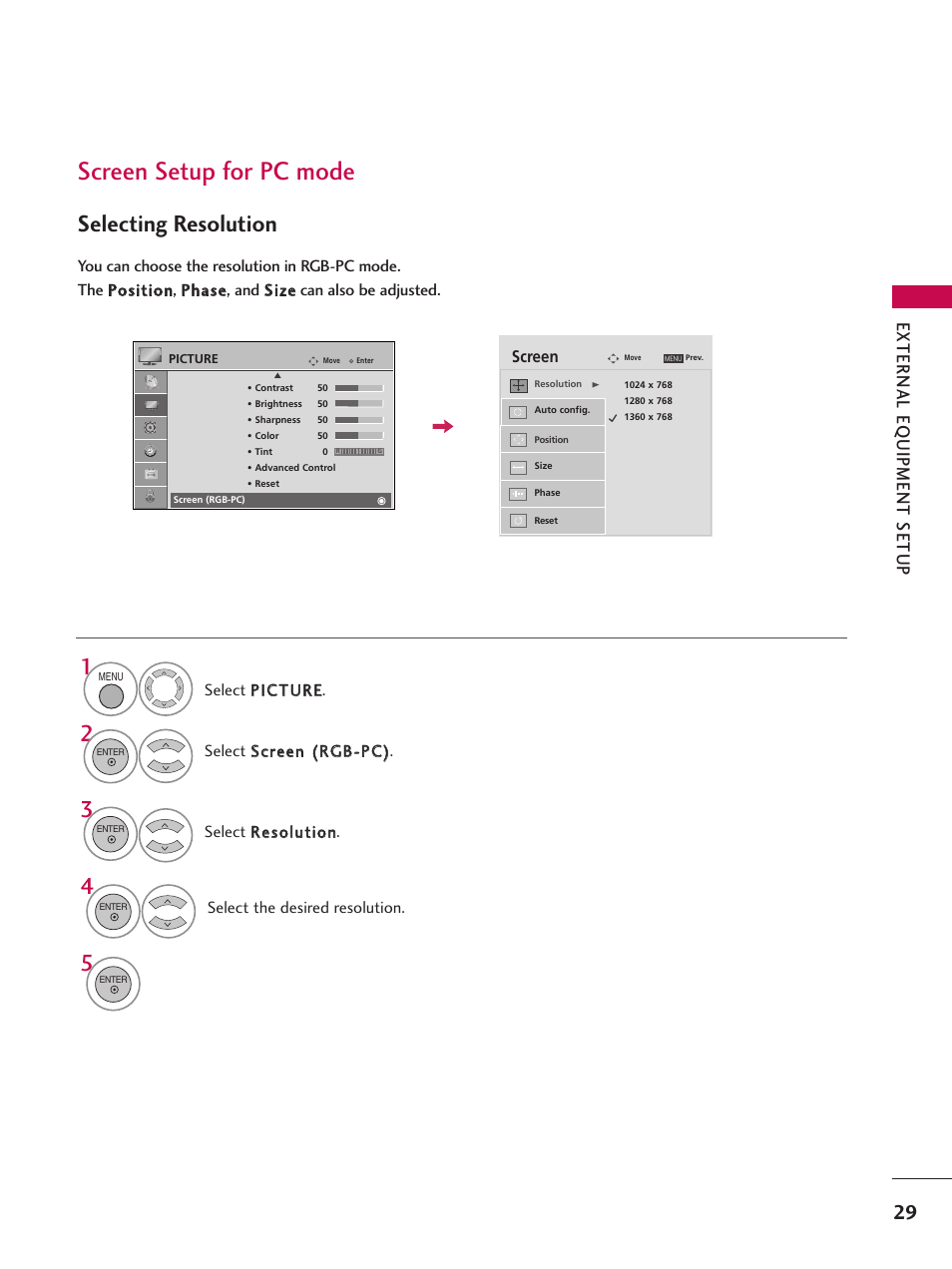 Screen setup for pc mode, Selecting resolution, External eq uipment setup | LG 37LG700H User Manual | Page 31 / 136