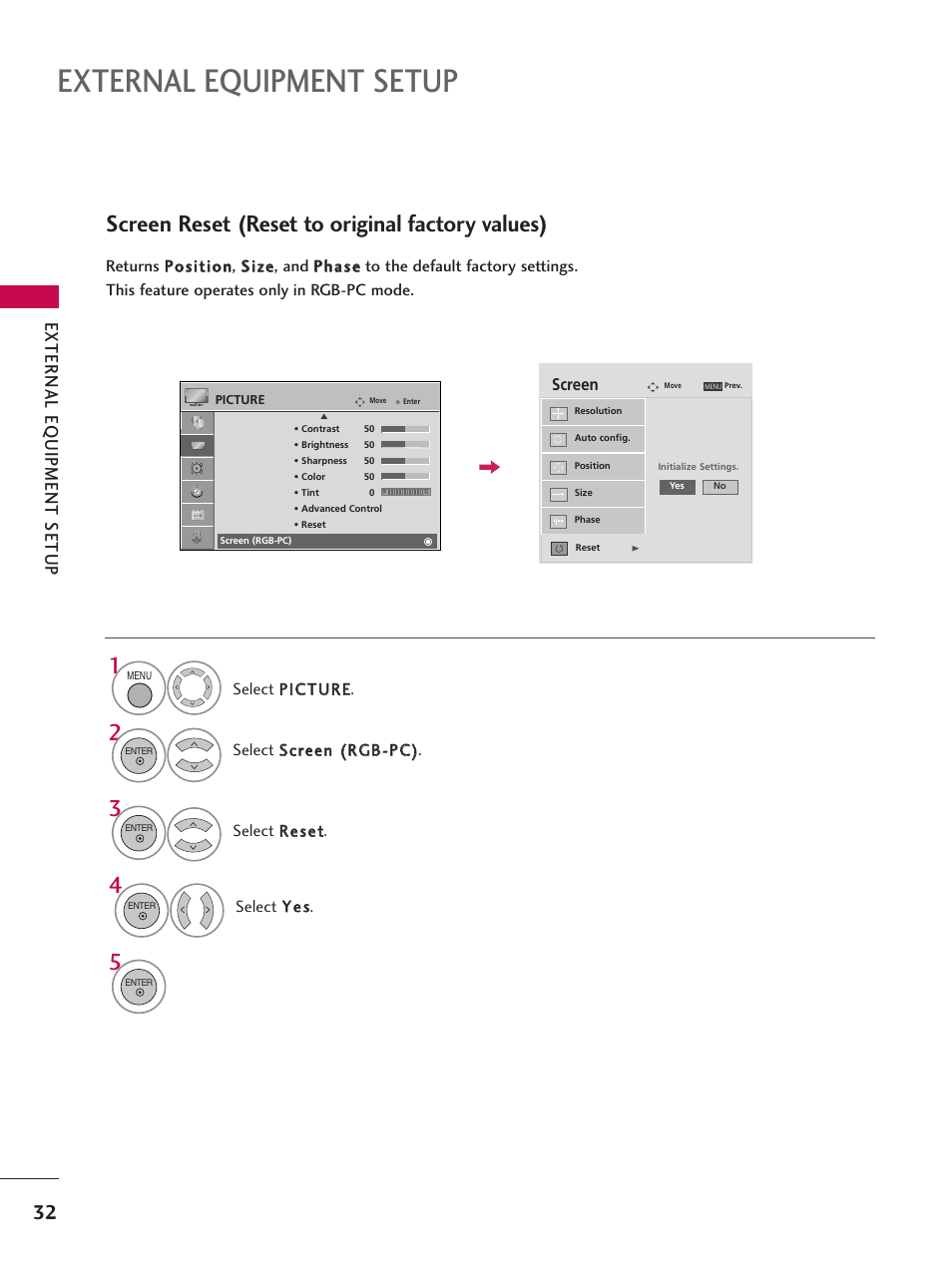 External equipment setup, Screen reset (reset to original factory values), External eq uipment setup | LG 37LG700H User Manual | Page 34 / 136