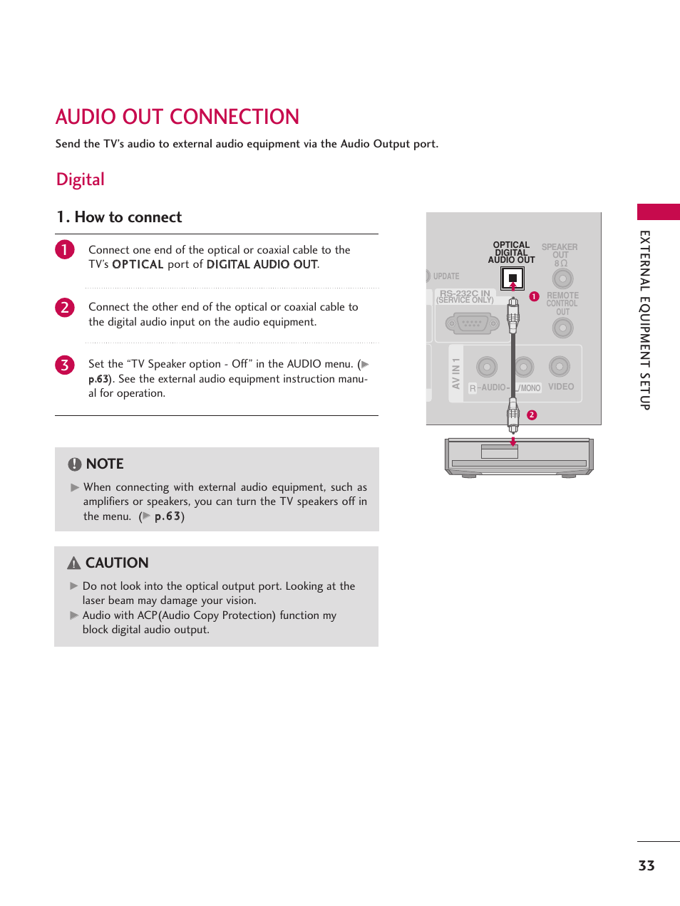 Audio out connection, Digital, How to connect | Caution, External eq uipment setup | LG 37LG700H User Manual | Page 35 / 136