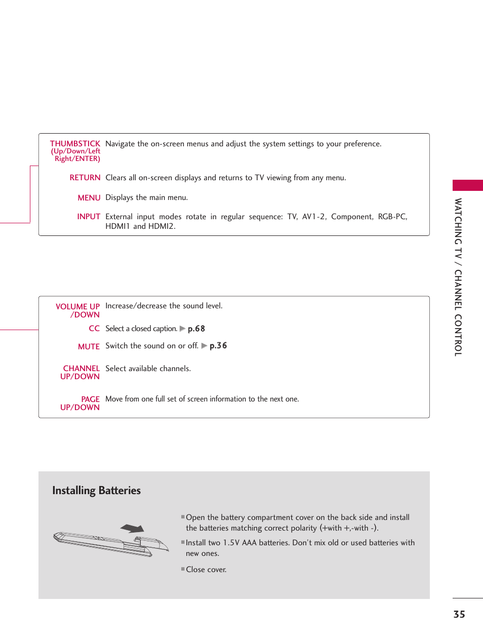 Installing batteries | LG 37LG700H User Manual | Page 37 / 136