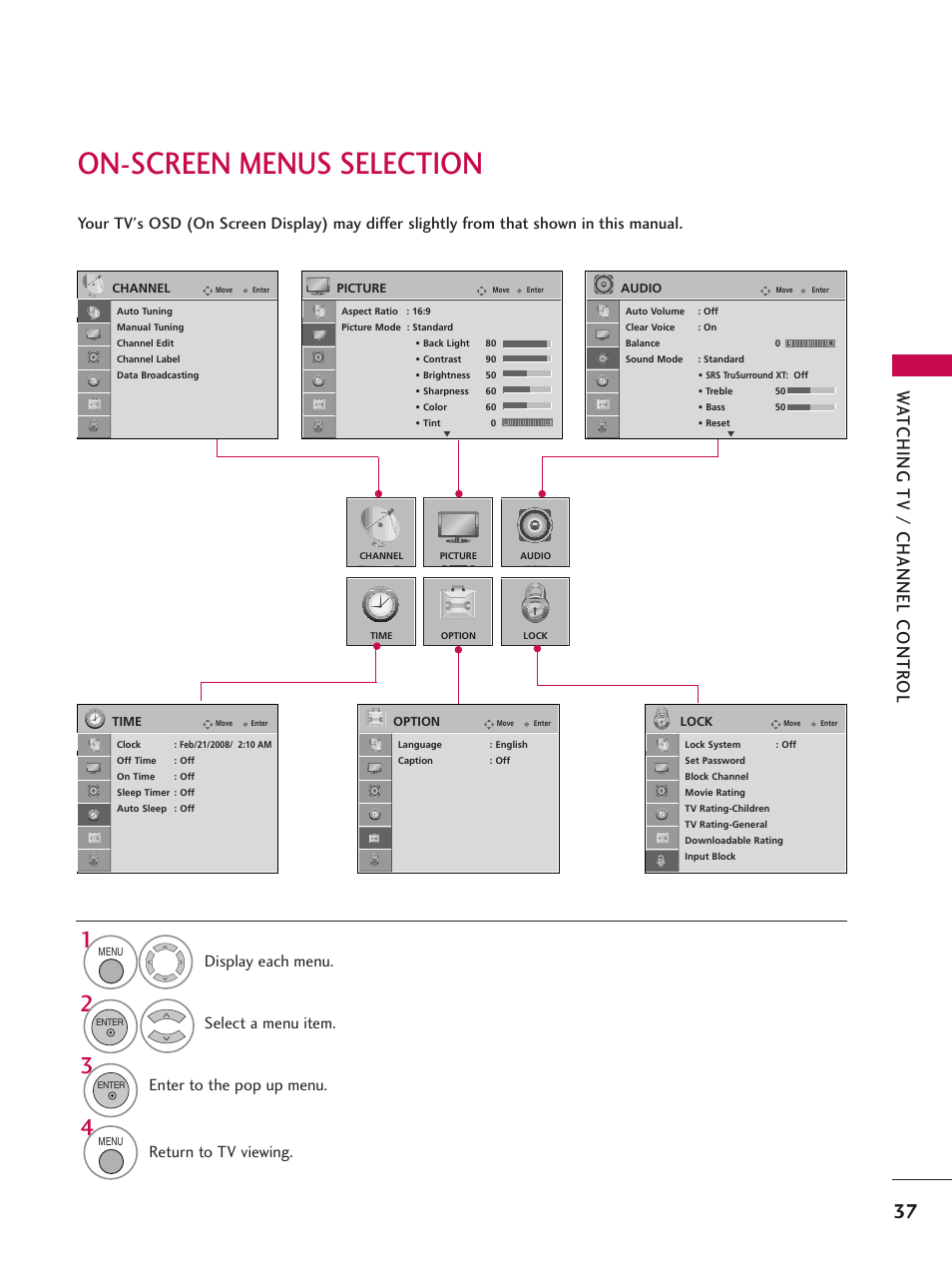 On-screen menus selection, Wa tching tv / channel contr ol, Return to tv viewing | LG 37LG700H User Manual | Page 39 / 136