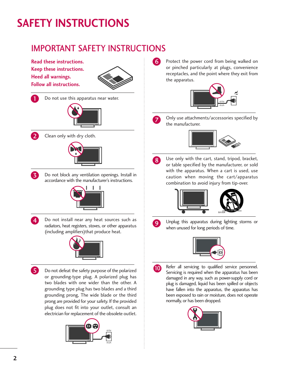 Safety instructions, Important safety instructions | LG 37LG700H User Manual | Page 4 / 136