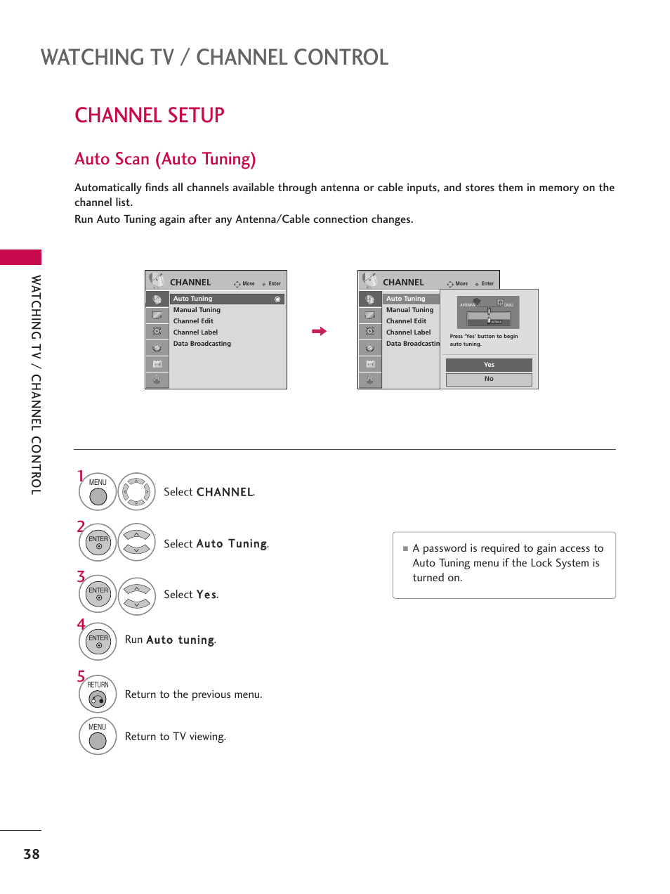 Channel setup, Auto scan (auto tuning), Watching tv / channel control | Wa tching tv / channel contr ol | LG 37LG700H User Manual | Page 40 / 136