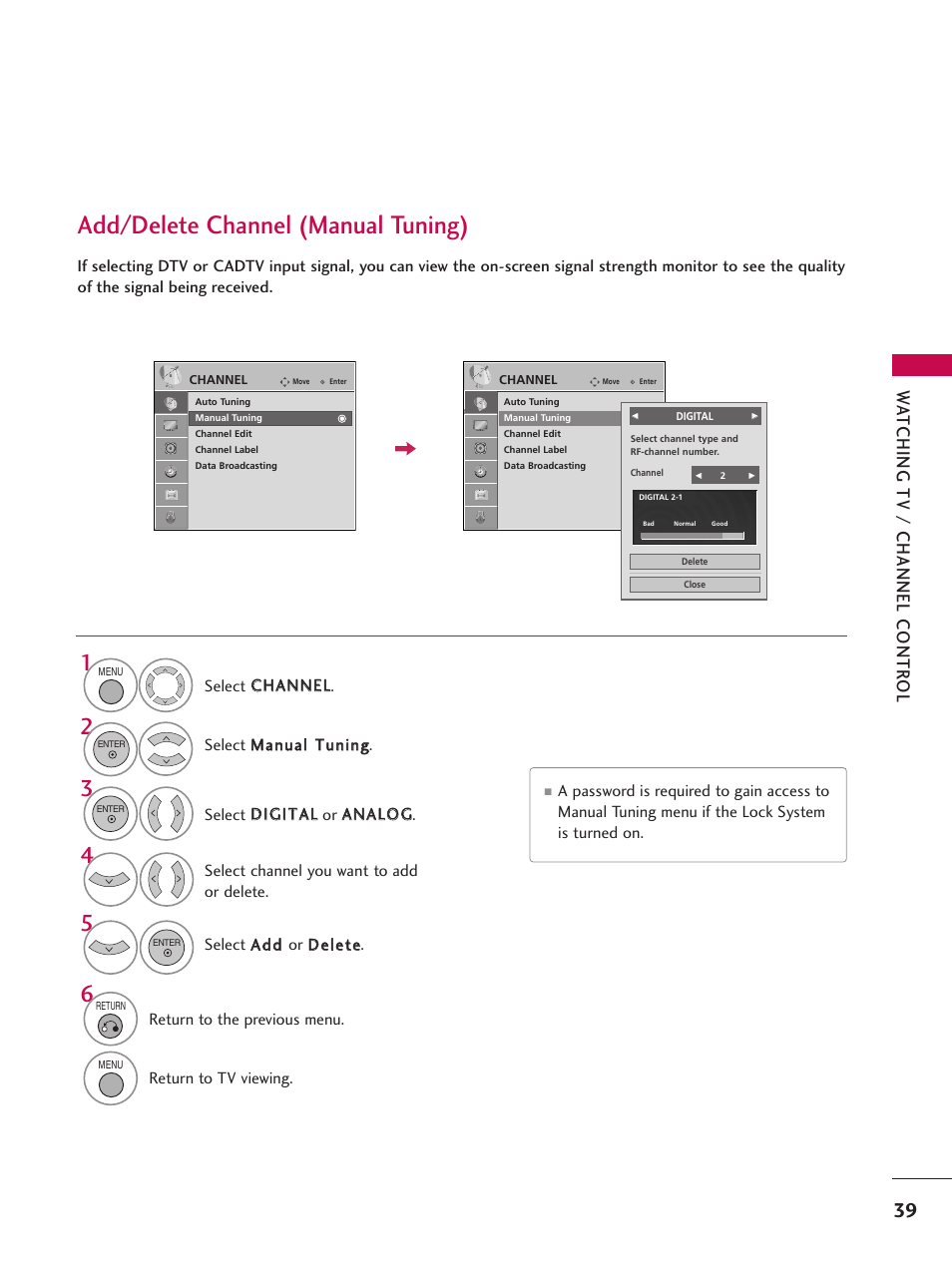 Add/delete channel (manual tuning), Wa tching tv / channel contr ol | LG 37LG700H User Manual | Page 41 / 136