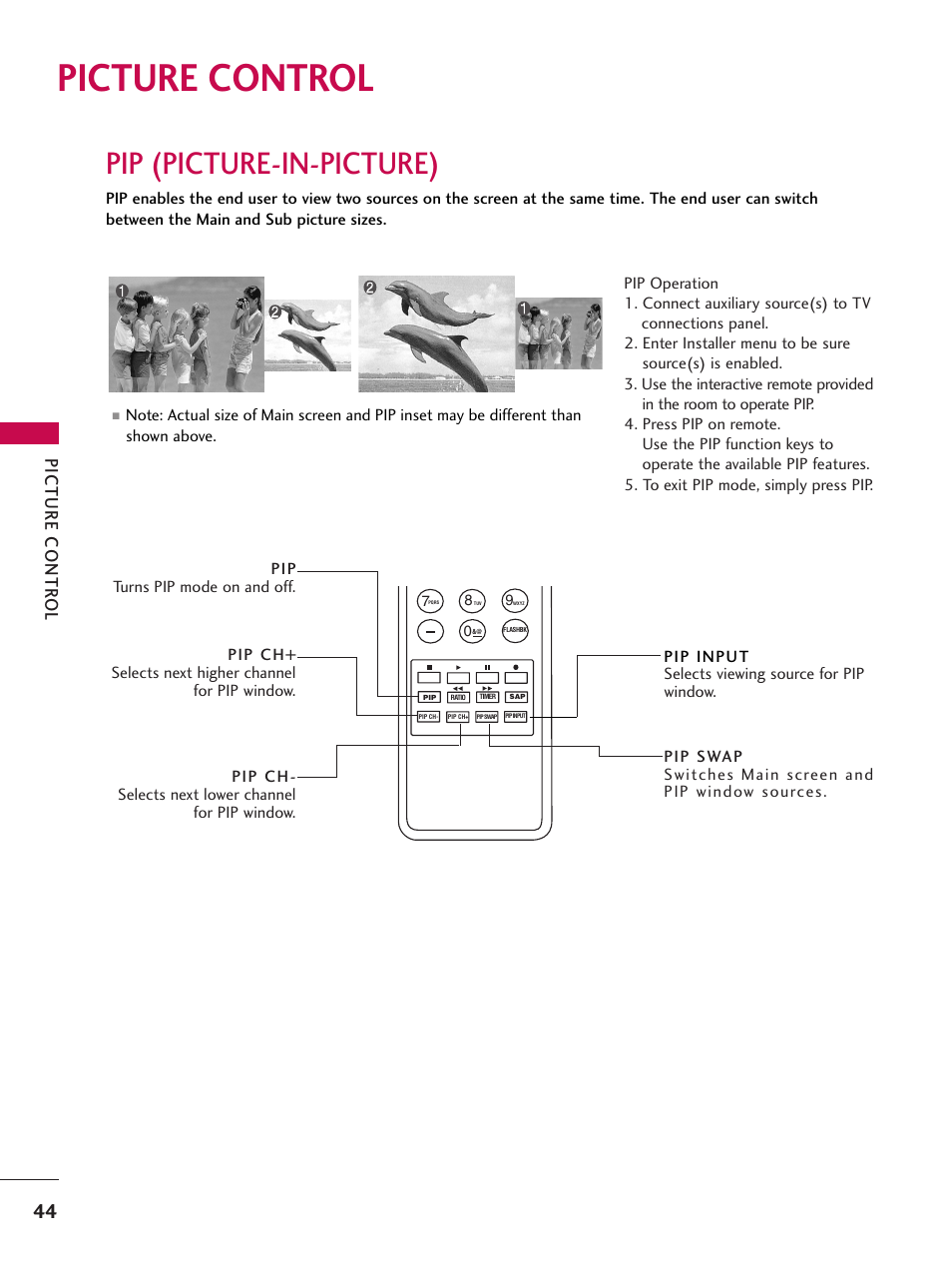 Picture control, Pip (picture-in-picture), Picture contr ol | LG 37LG700H User Manual | Page 46 / 136