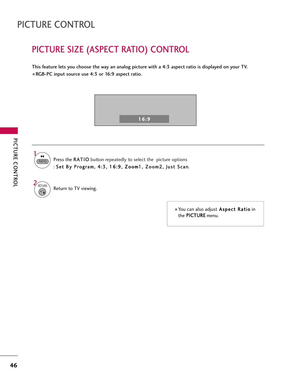 Picture size (aspect ratio) control, Picture control | LG 37LG700H User Manual | Page 48 / 136