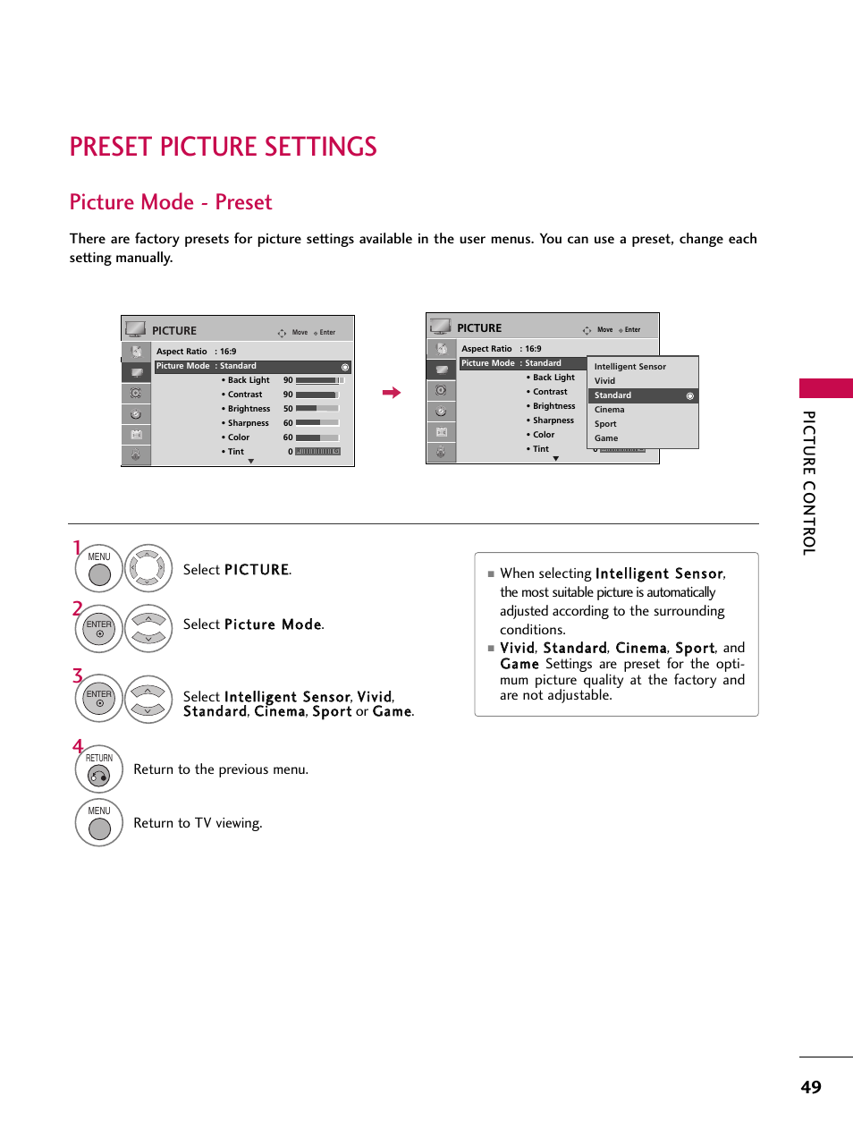 Preset picture settings, Picture mode - preset, Picture contr ol | LG 37LG700H User Manual | Page 51 / 136