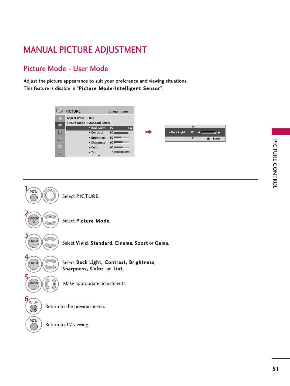 Manual picture adjustment, Picture mode - user mode, Picture contr ol | LG 37LG700H User Manual | Page 53 / 136