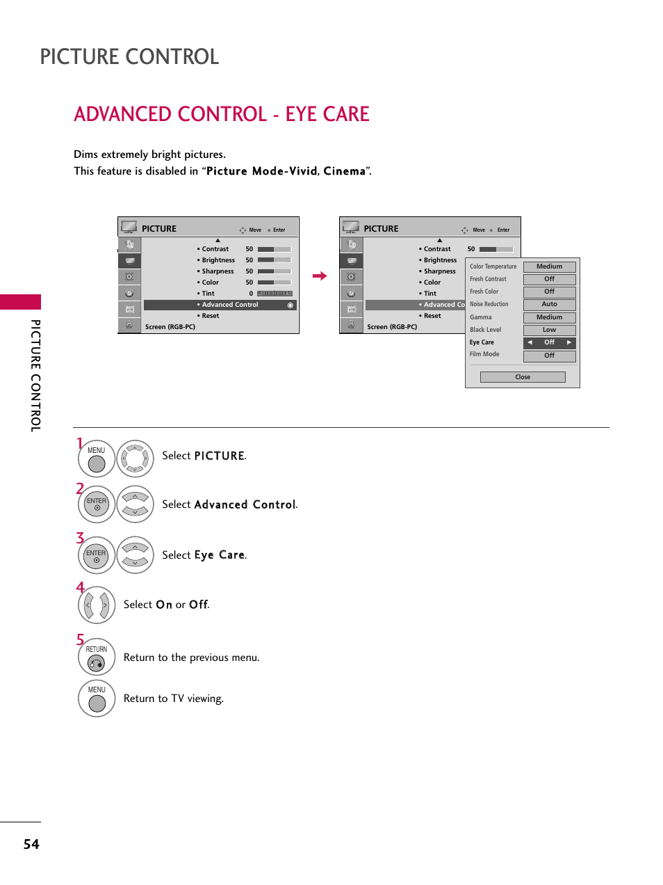 Advanced control - eye care, Picture control, Picture contr ol | LG 37LG700H User Manual | Page 56 / 136