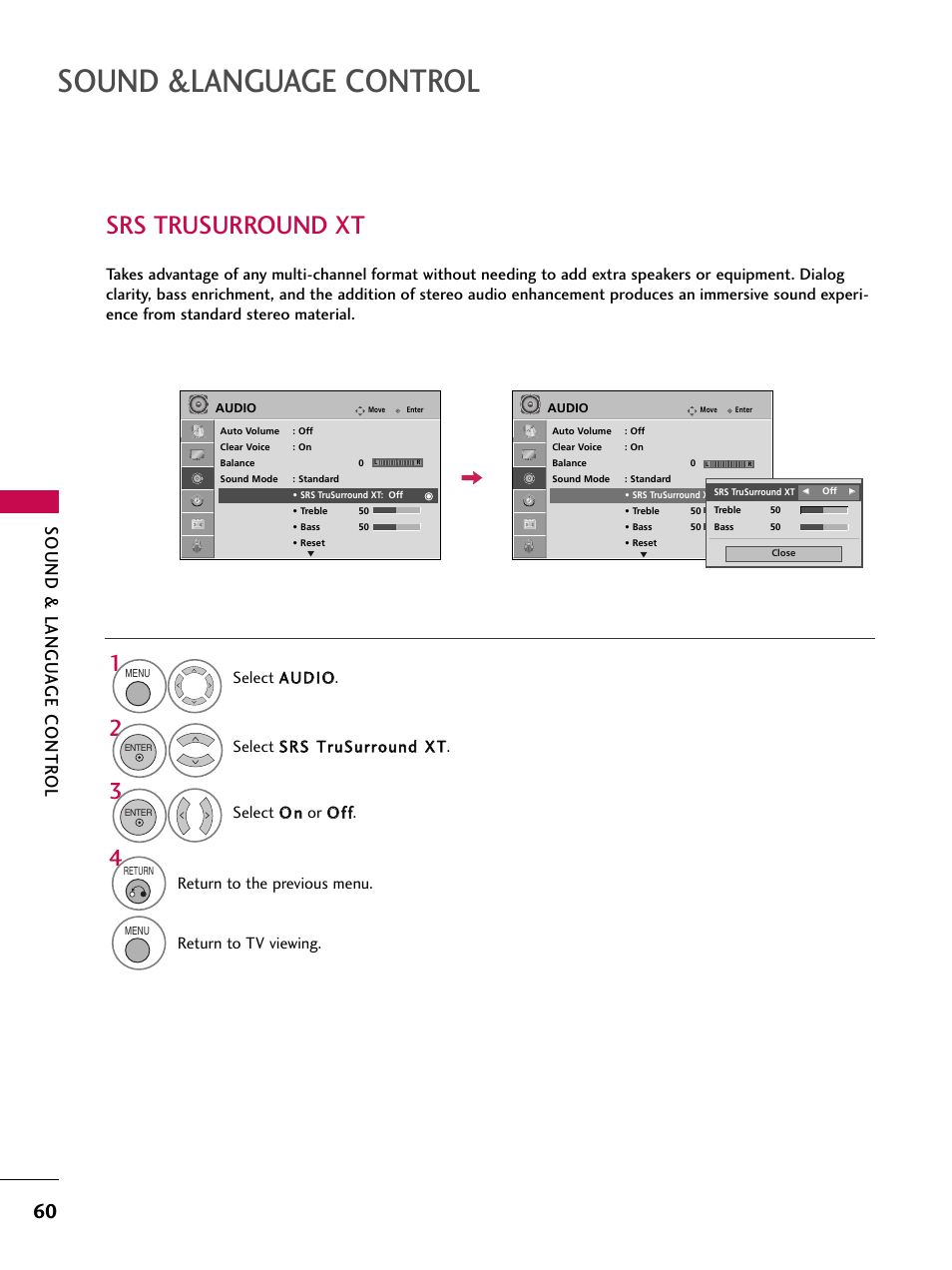 Srs trusurround xt, Sound &language control, Sound & langu a ge contr ol | Return to the previous menu, Return to tv viewing | LG 37LG700H User Manual | Page 62 / 136