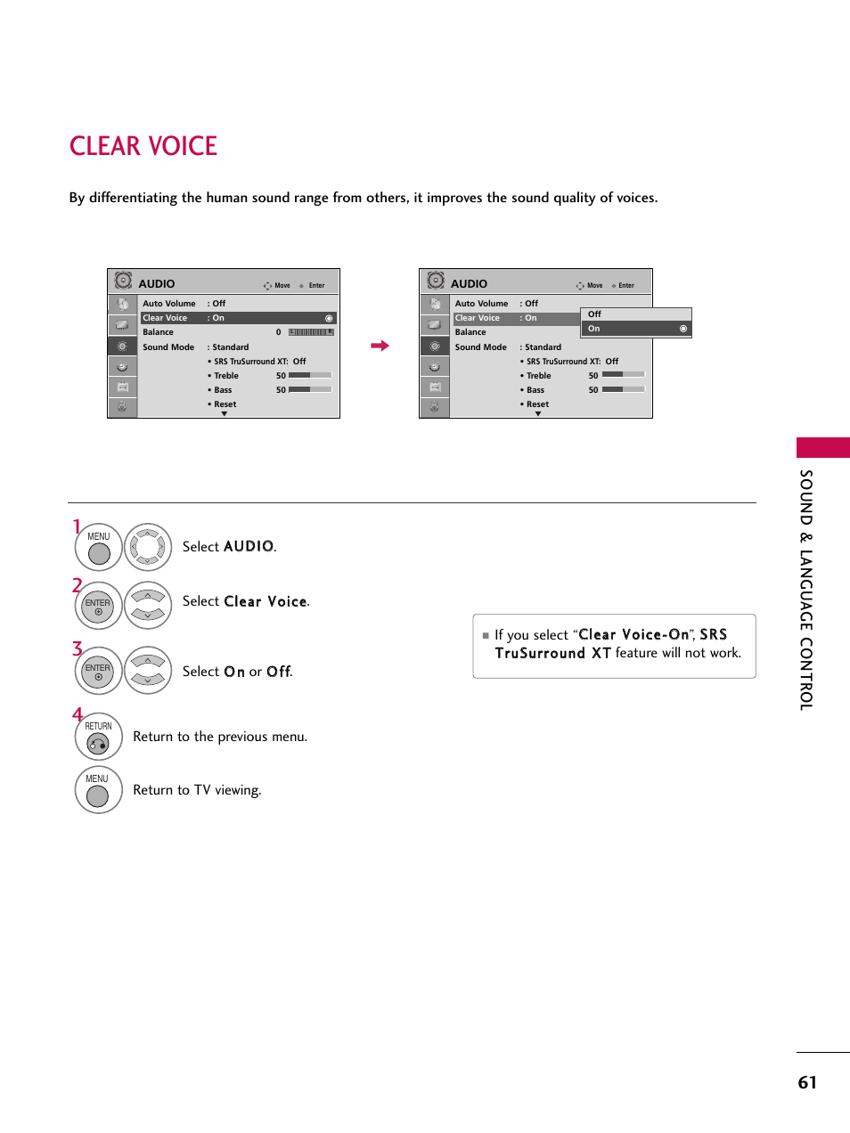 Clear voice, Sound & langu a ge contr ol | LG 37LG700H User Manual | Page 63 / 136