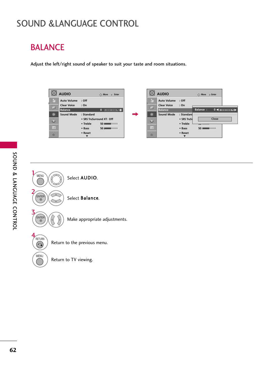 Balance, Sound &language control, Sound & langu a ge contr ol | Return to the previous menu, Return to tv viewing | LG 37LG700H User Manual | Page 64 / 136