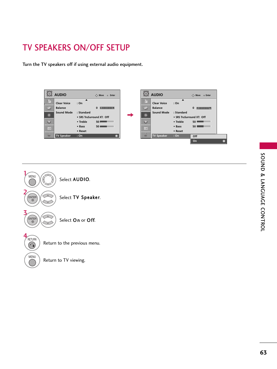 Tv speakers on/off setup, Sound & langu a ge contr ol, Return to the previous menu | Return to tv viewing | LG 37LG700H User Manual | Page 65 / 136