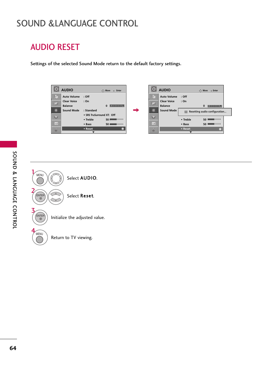 Audio reset, Sound &language control, Sound & langu a ge contr ol | Initialize the adjusted value, Return to tv viewing | LG 37LG700H User Manual | Page 66 / 136