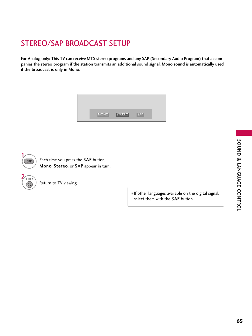 Stereo/sap broadcast setup | LG 37LG700H User Manual | Page 67 / 136