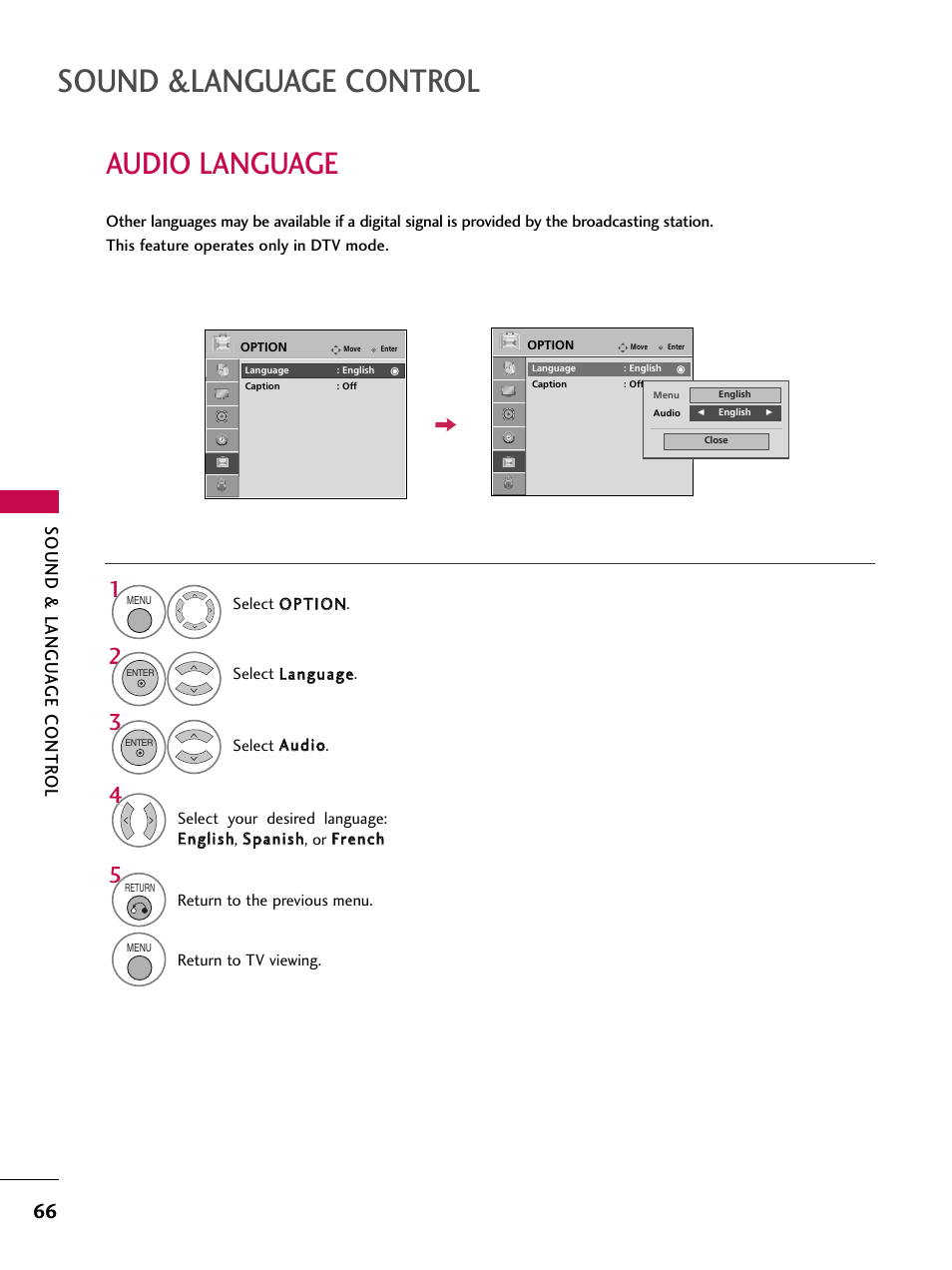 Audio language, Sound &language control, Sound & langu a ge contr ol | LG 37LG700H User Manual | Page 68 / 136