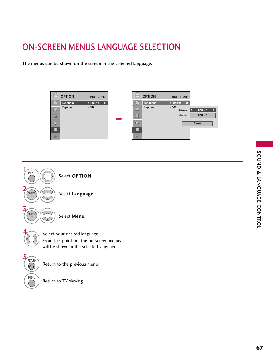 On-screen menus language selection, Sound & langu a ge contr ol | LG 37LG700H User Manual | Page 69 / 136