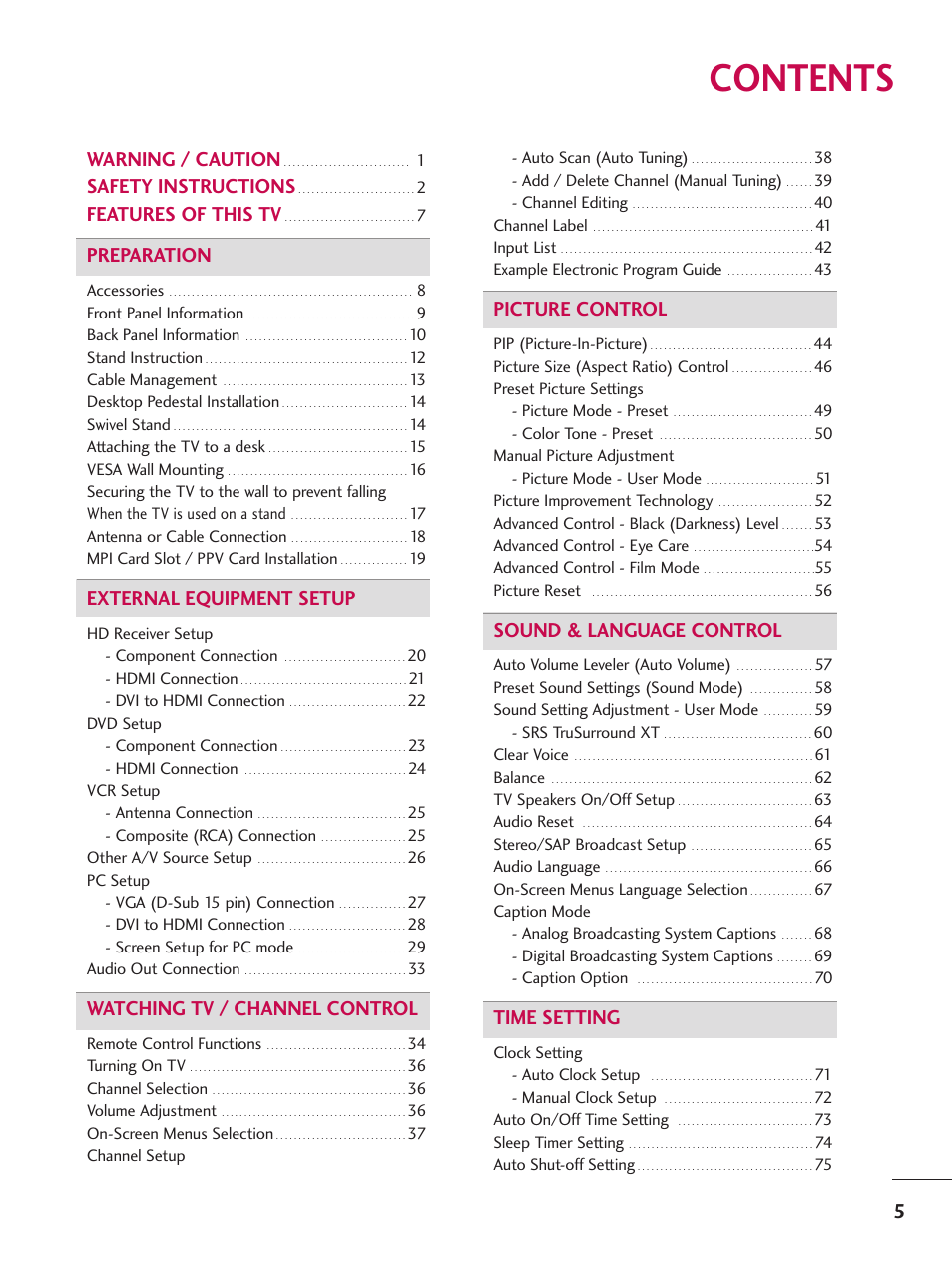 LG 37LG700H User Manual | Page 7 / 136