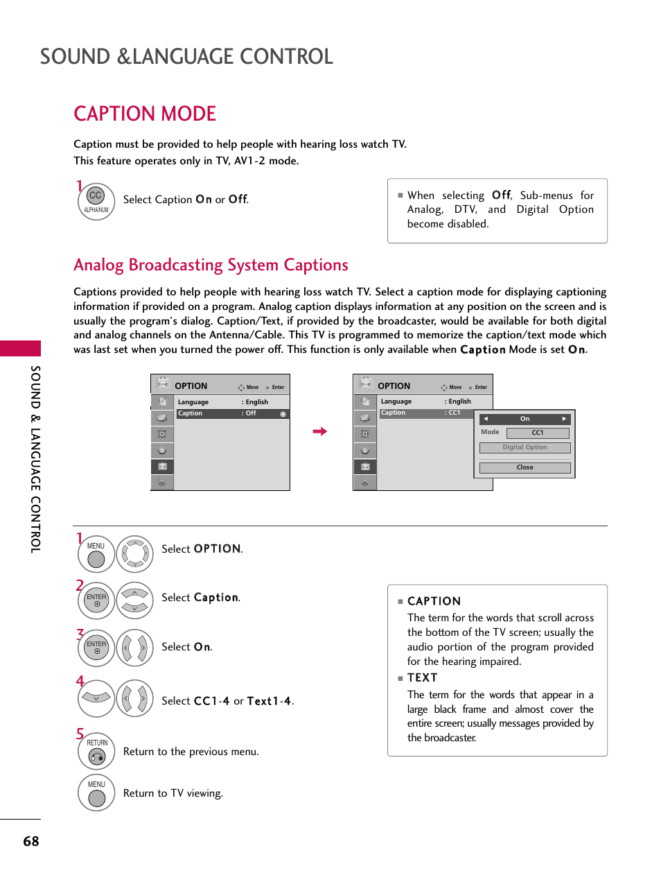 Caption mode, Analog broadcasting system captions, Sound &language control | Sound & langu a ge contr ol | LG 37LG700H User Manual | Page 70 / 136