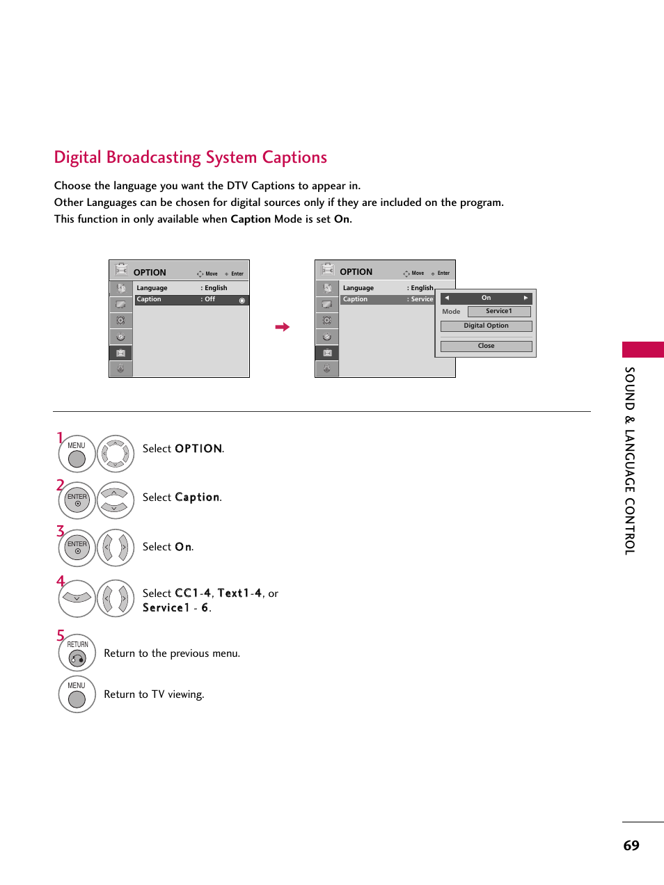 Digital broadcasting system captions, Sound & langu a ge contr ol | LG 37LG700H User Manual | Page 71 / 136