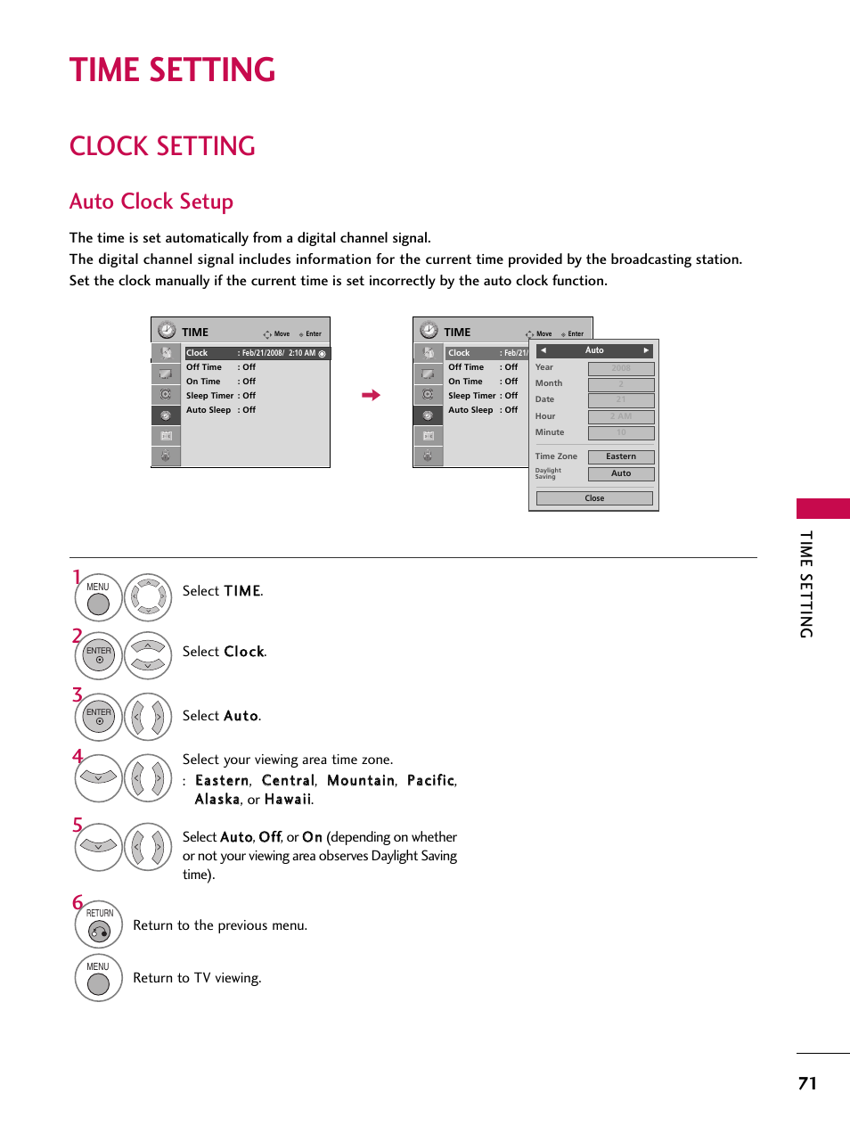 Time setting, Clock setting, Auto clock setup | LG 37LG700H User Manual | Page 73 / 136