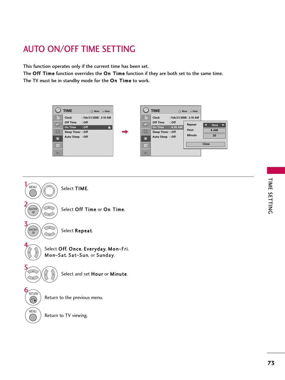 Auto on/off time setting, Time setting | LG 37LG700H User Manual | Page 75 / 136