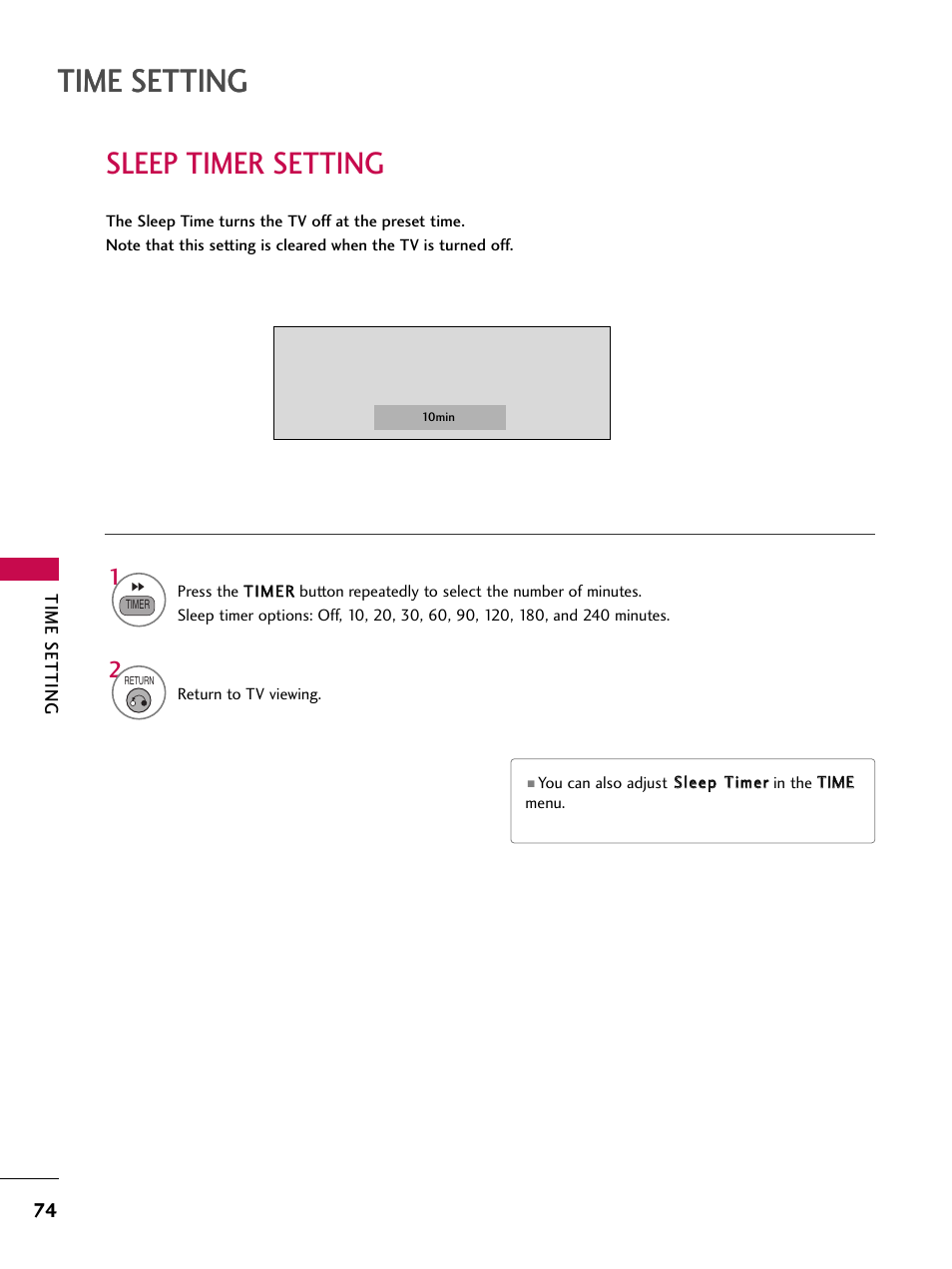 Sleep timer setting, Time setting | LG 37LG700H User Manual | Page 76 / 136