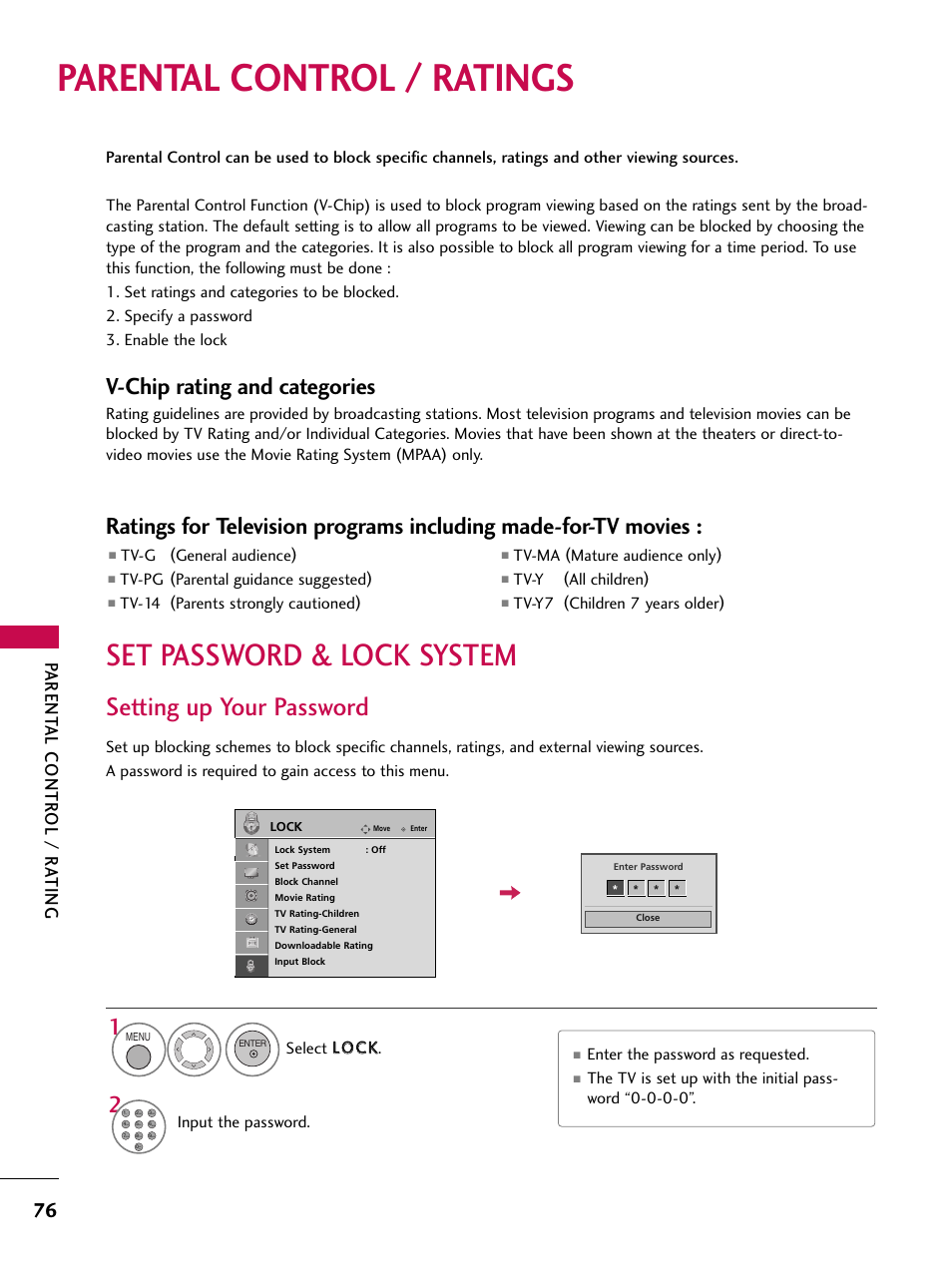 Parental control / ratings, Set password & lock system, Setting up your password | V-chip rating and categories, Parent al contr ol / r a ting | LG 37LG700H User Manual | Page 78 / 136