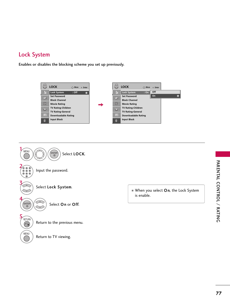 Lock system, Parent al contr ol / r a ting | LG 37LG700H User Manual | Page 79 / 136