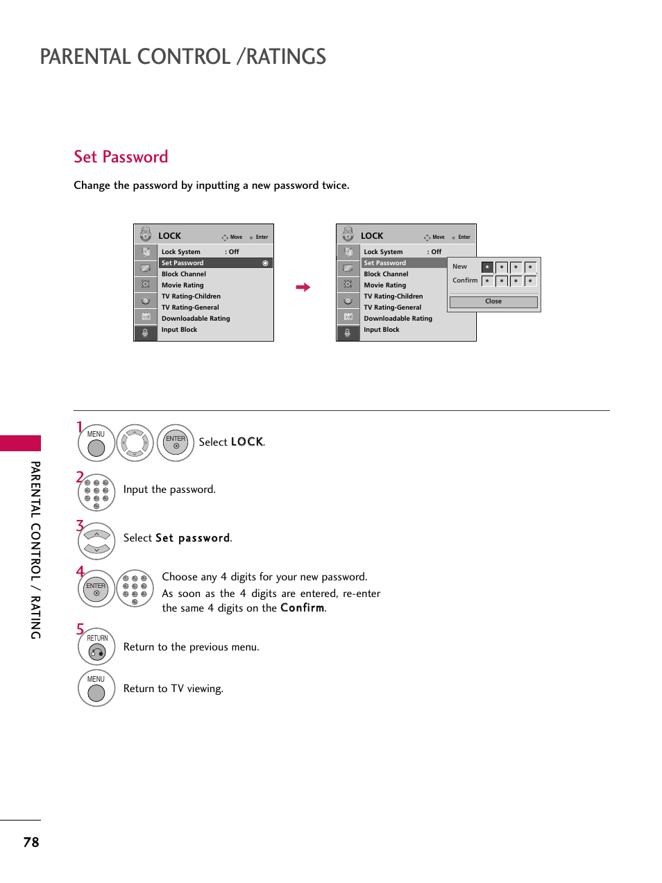 Set password, Parental control /ratings, Parent al contr ol / r a ting | Input the password, Return to the previous menu, Return to tv viewing | LG 37LG700H User Manual | Page 80 / 136