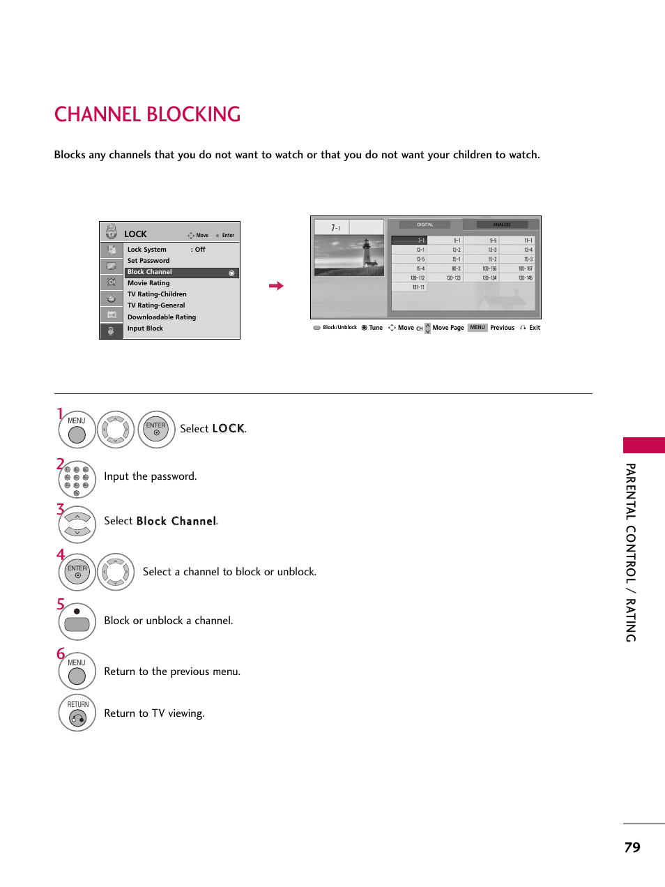 Channel blocking, Parent al contr ol / r a ting | LG 37LG700H User Manual | Page 81 / 136