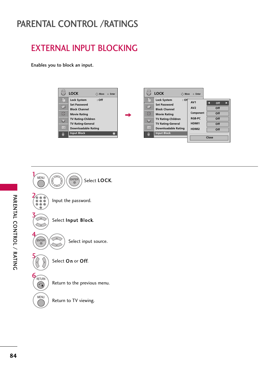 External input blocking, Parental control /ratings, Parent al contr ol / r a ting | Input the password, Return to the previous menu, Return to tv viewing | LG 37LG700H User Manual | Page 86 / 136