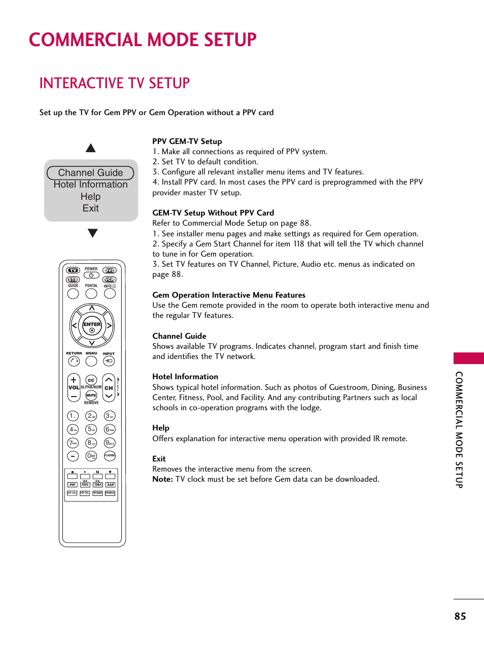 Commercial mode setup, Interactive tv setup, Commer cial mode setup | Channel guide hotel information help exit | LG 37LG700H User Manual | Page 87 / 136