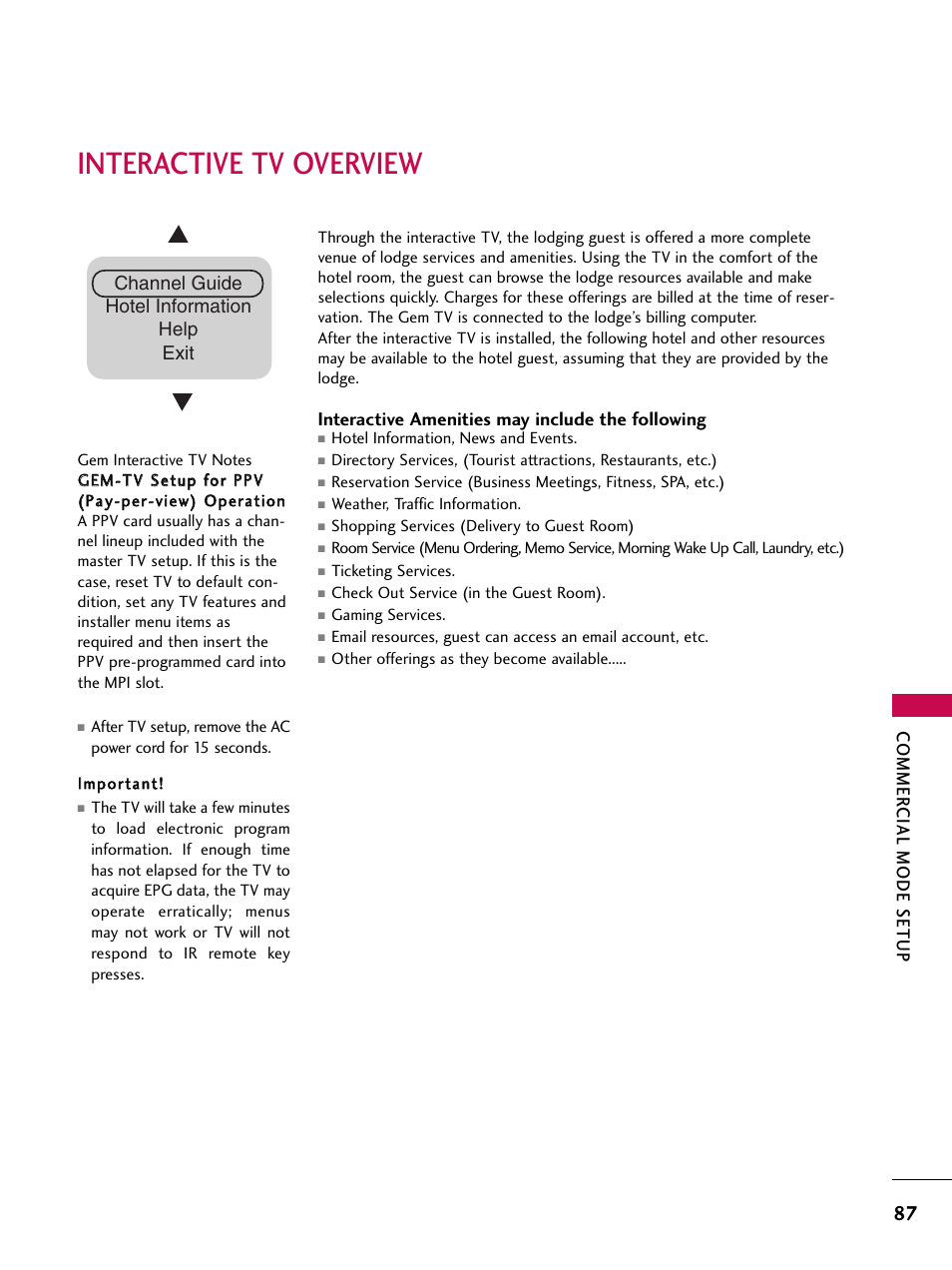 Interactive tv overview, Commer cial mode setup, Interactive amenities may include the following | Channel guide hotel information help exit | LG 37LG700H User Manual | Page 89 / 136