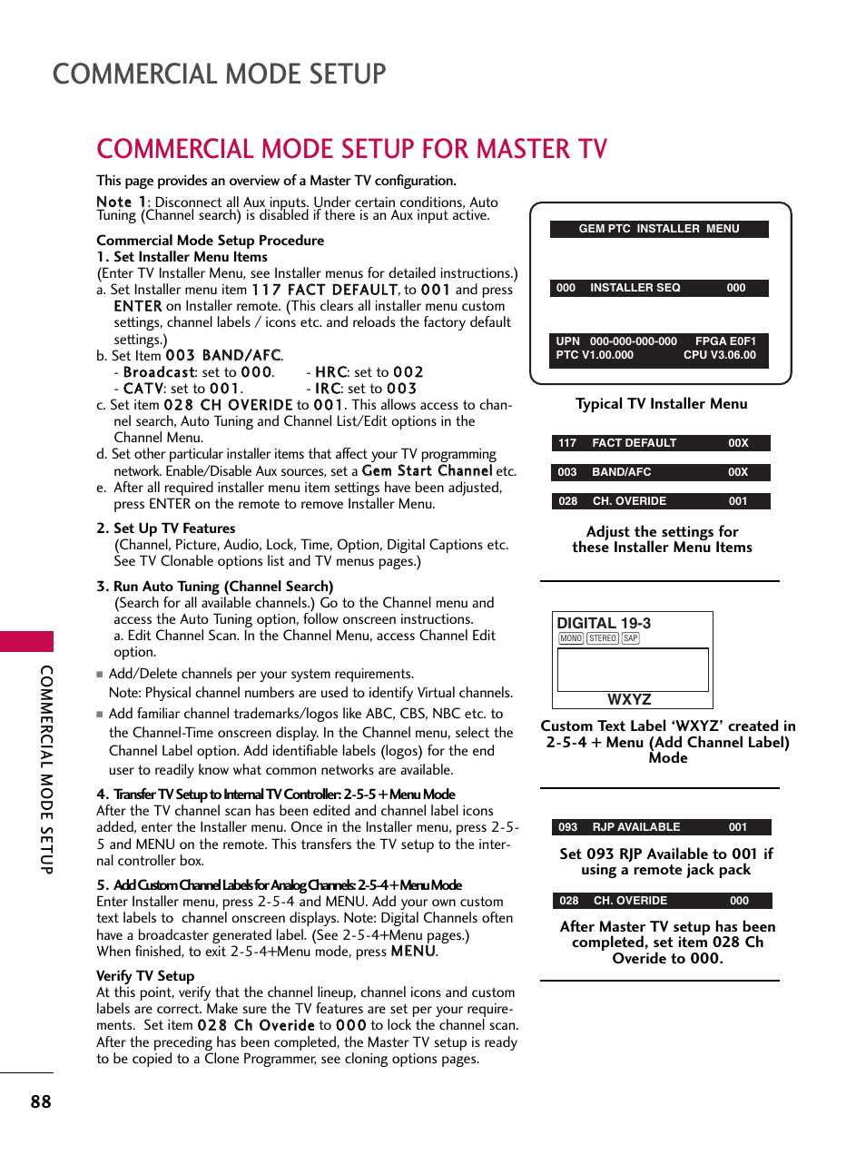 Commercial mode setup for master tv, Commercial mode setup | LG 37LG700H User Manual | Page 90 / 136